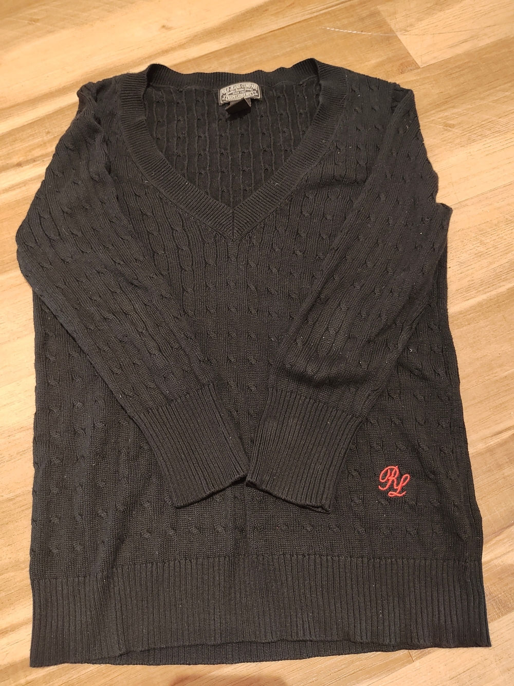 Ralph Lauren Black V-Neck Cable-Knit Sweater with Red RL Monogram